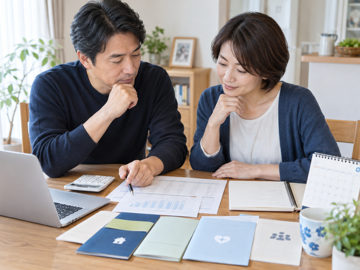 40代夫婦が退職前に生活費と公的手続きを確認している様子