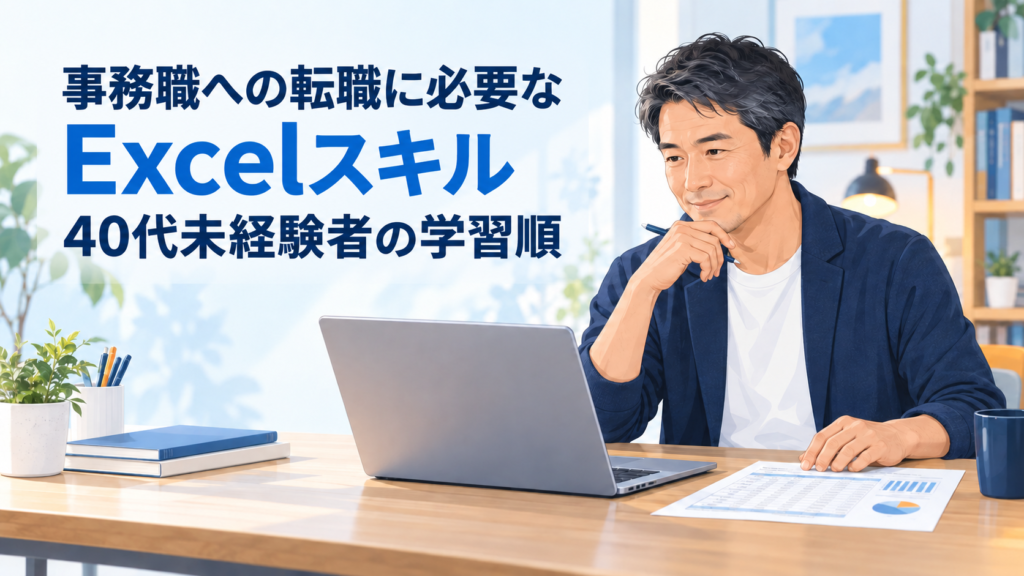 事務職への転職に必要なExcelスキルと40代未経験者の学習順を示すアイキャッチ画像
