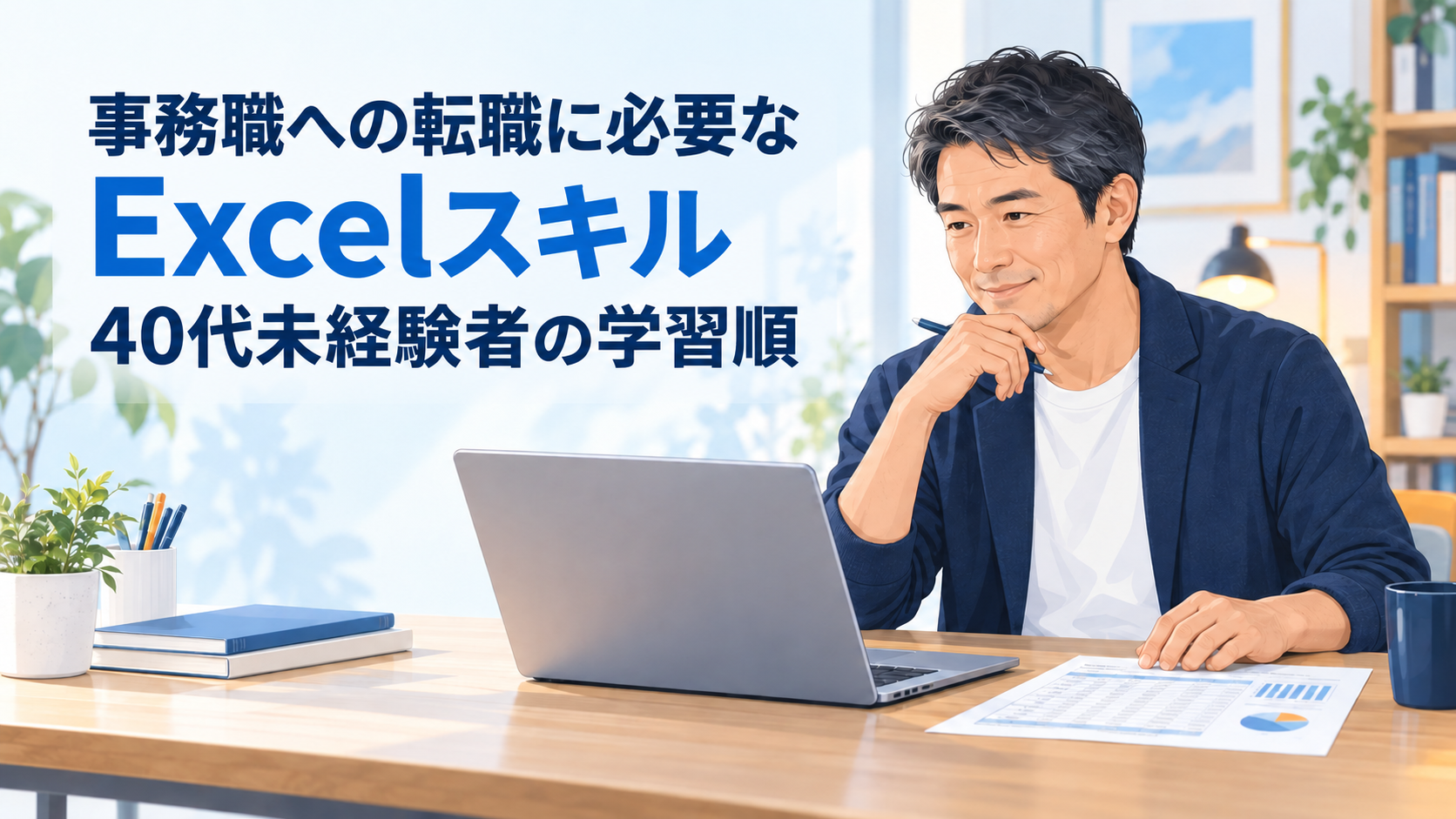 事務職への転職に必要なExcelスキルと40代未経験者の学習順を示すアイキャッチ画像
