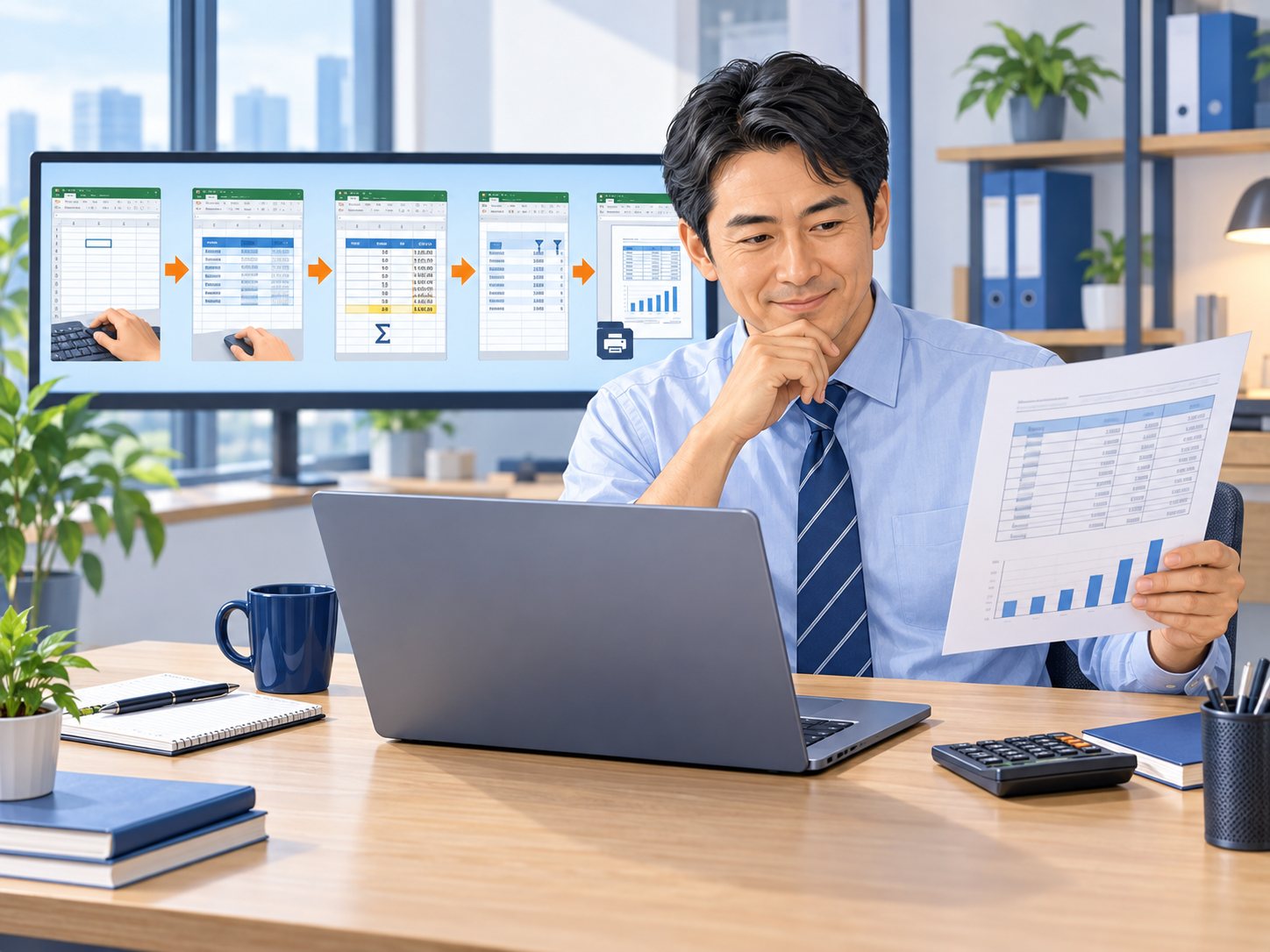 事務職に必要なExcelスキルを学習順に練習する40代の男性