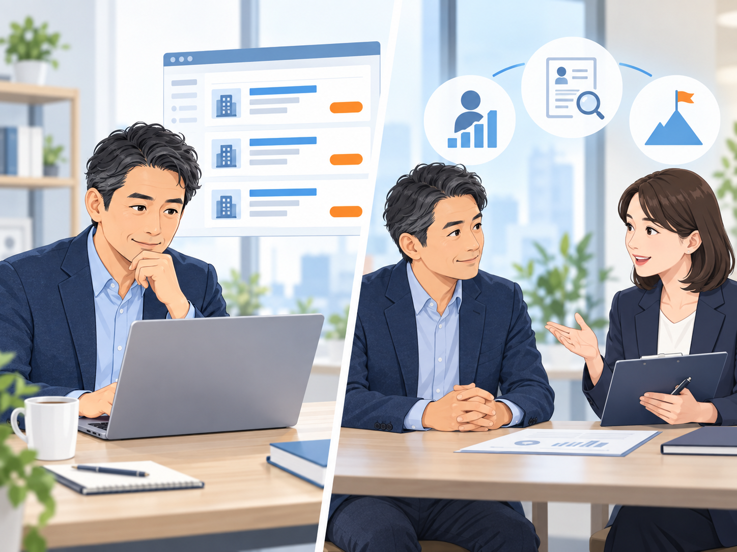 転職サイトで求人を探す40代男性と転職エージェントへ相談する様子の比較
