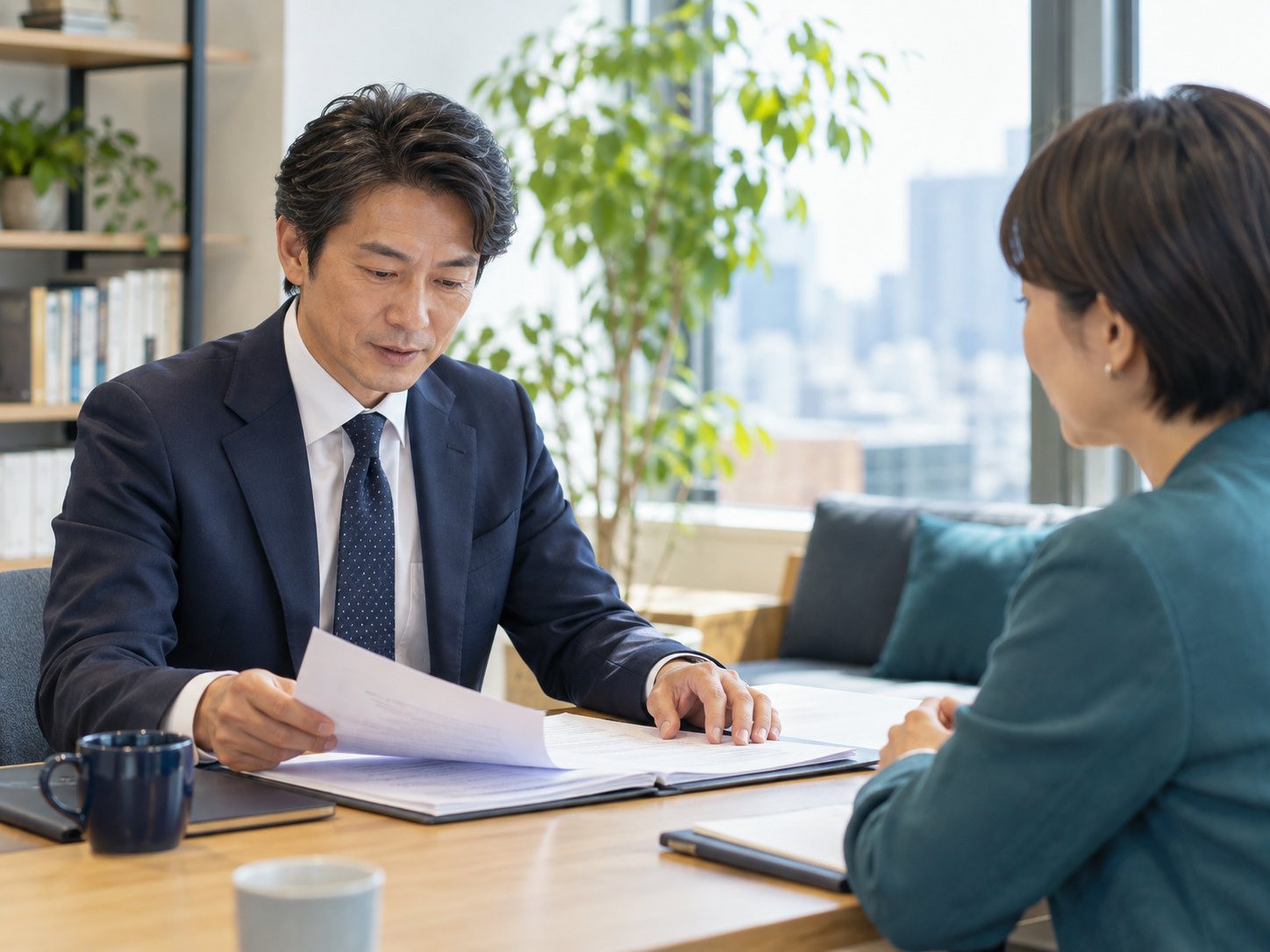 40代の男性がキャリアアドバイザーと職務経験を整理している様子