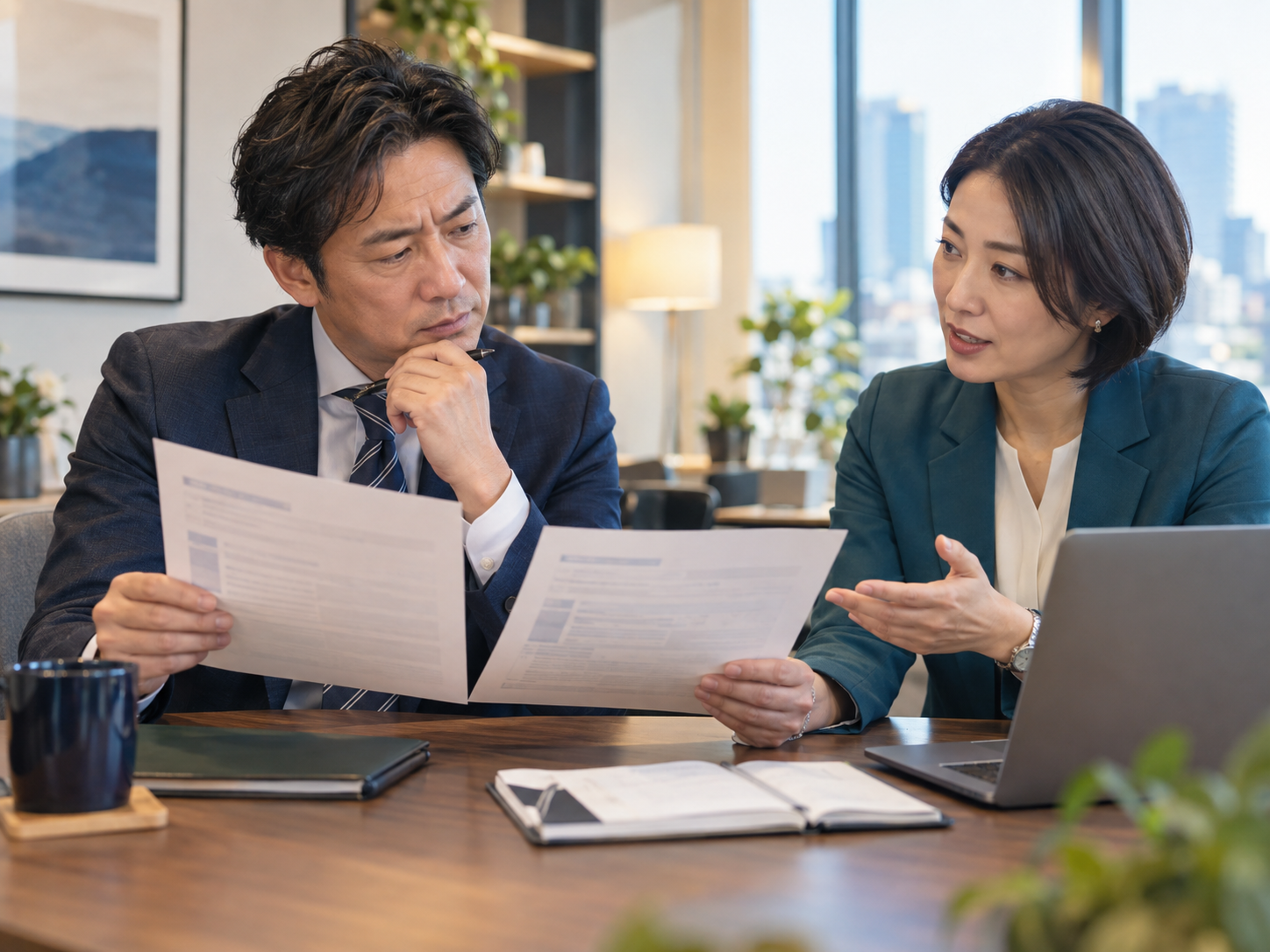 40代の男性がキャリアアドバイザーと求人条件を比較している様子