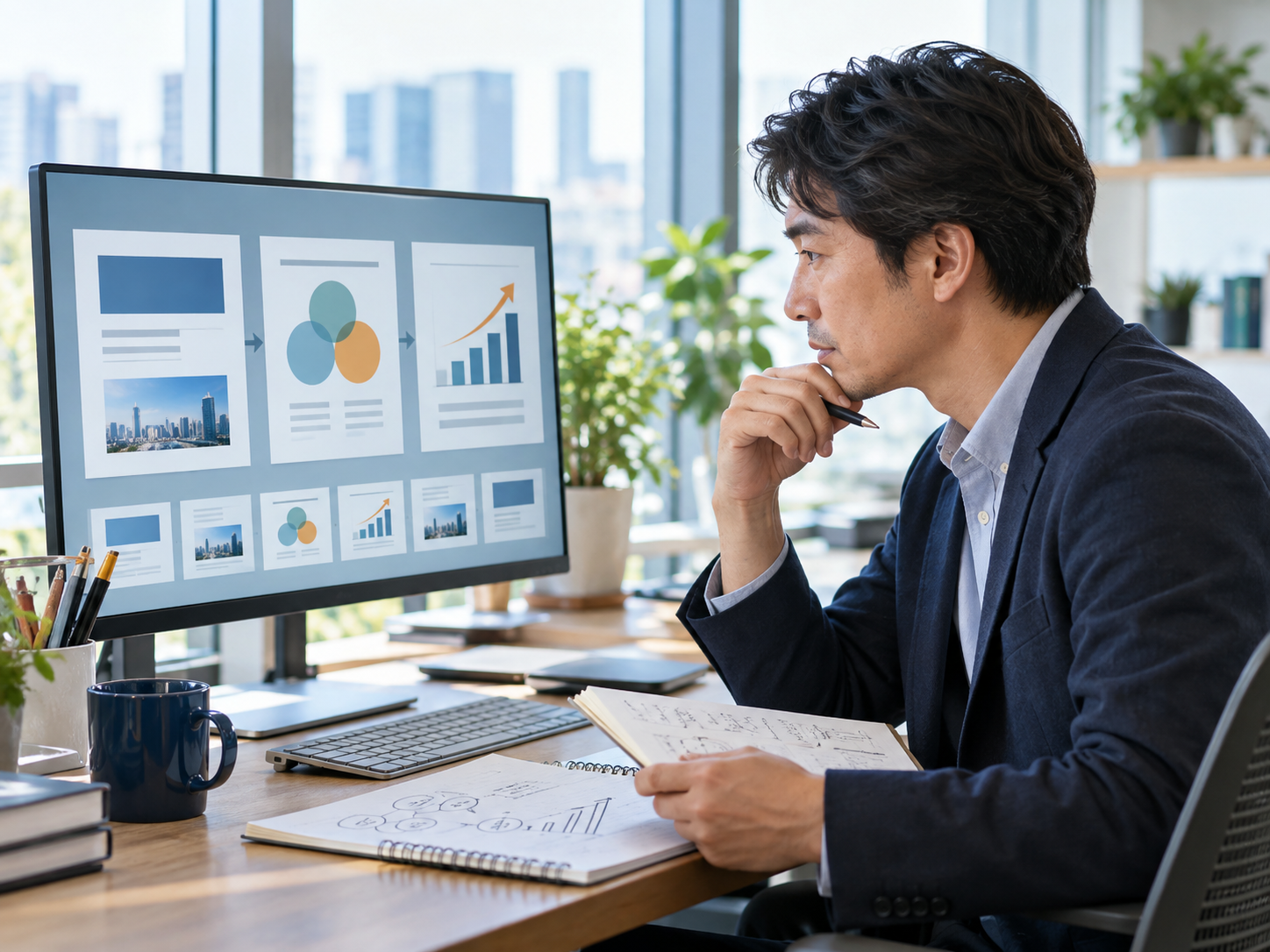 40代の男性がPowerPoint資料の構成とスライドの流れを整理している様子