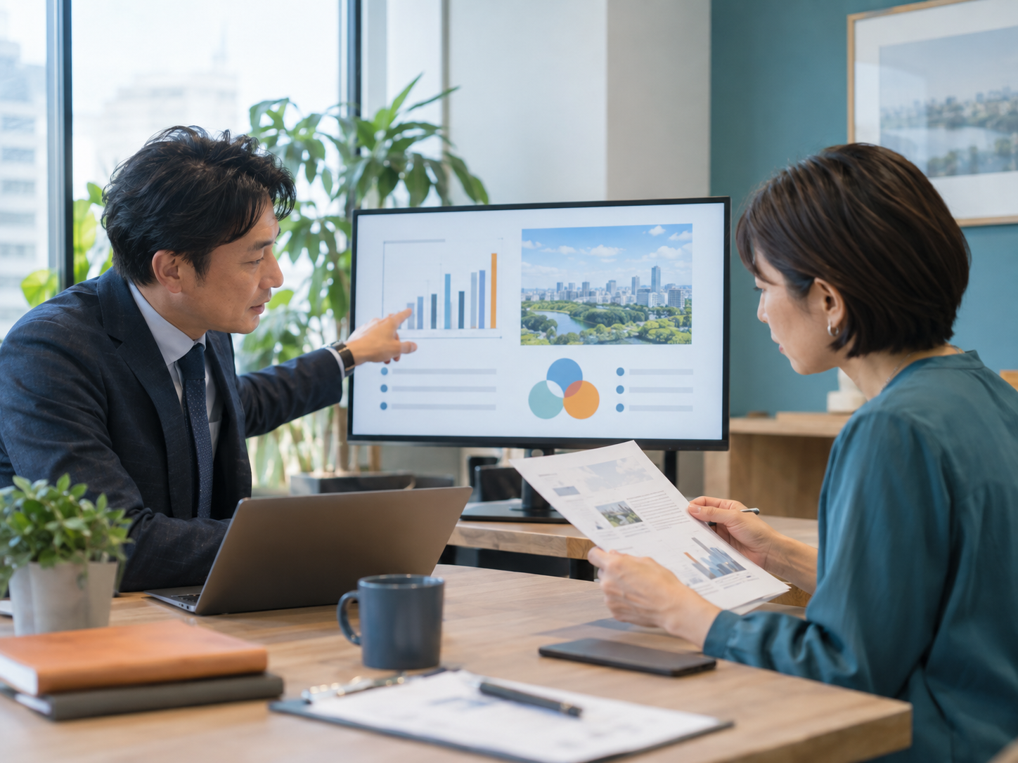 40代の同僚同士がPowerPoint資料の読みやすさと内容を確認している様子