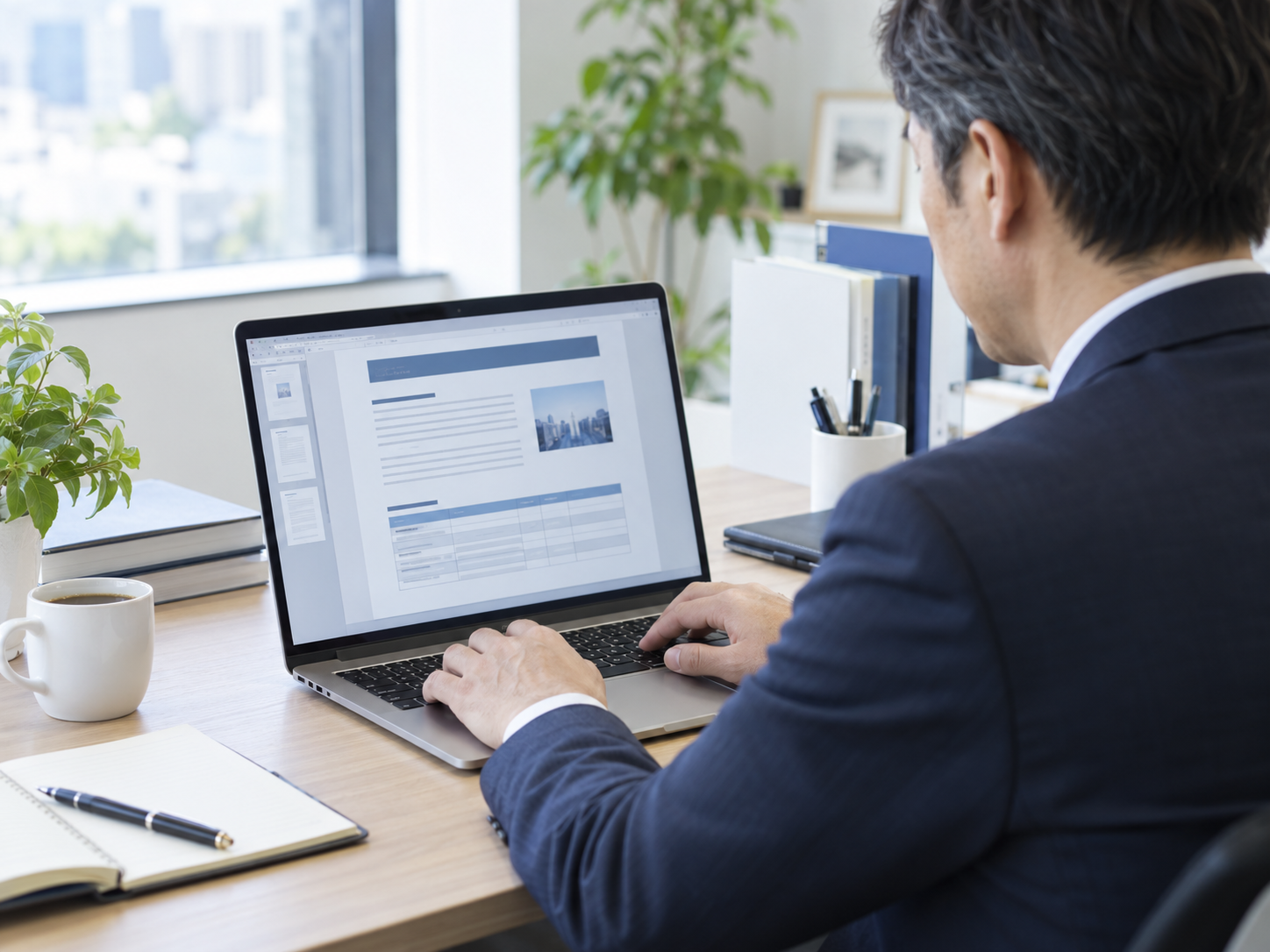 40代の男性がWordで見出しや表を使った事務文書を作成している様子