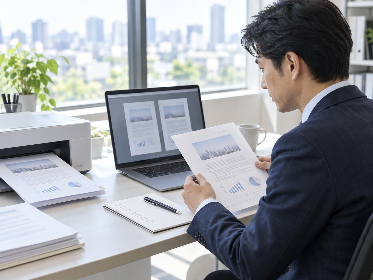 40代の男性がWordの印刷プレビューと印刷物を比較して確認している様子