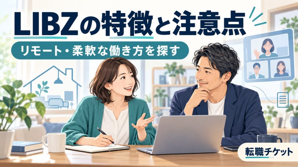 LIBZの特徴と注意点。自宅のワークスペースで柔軟な働き方を考える男女のイラスト